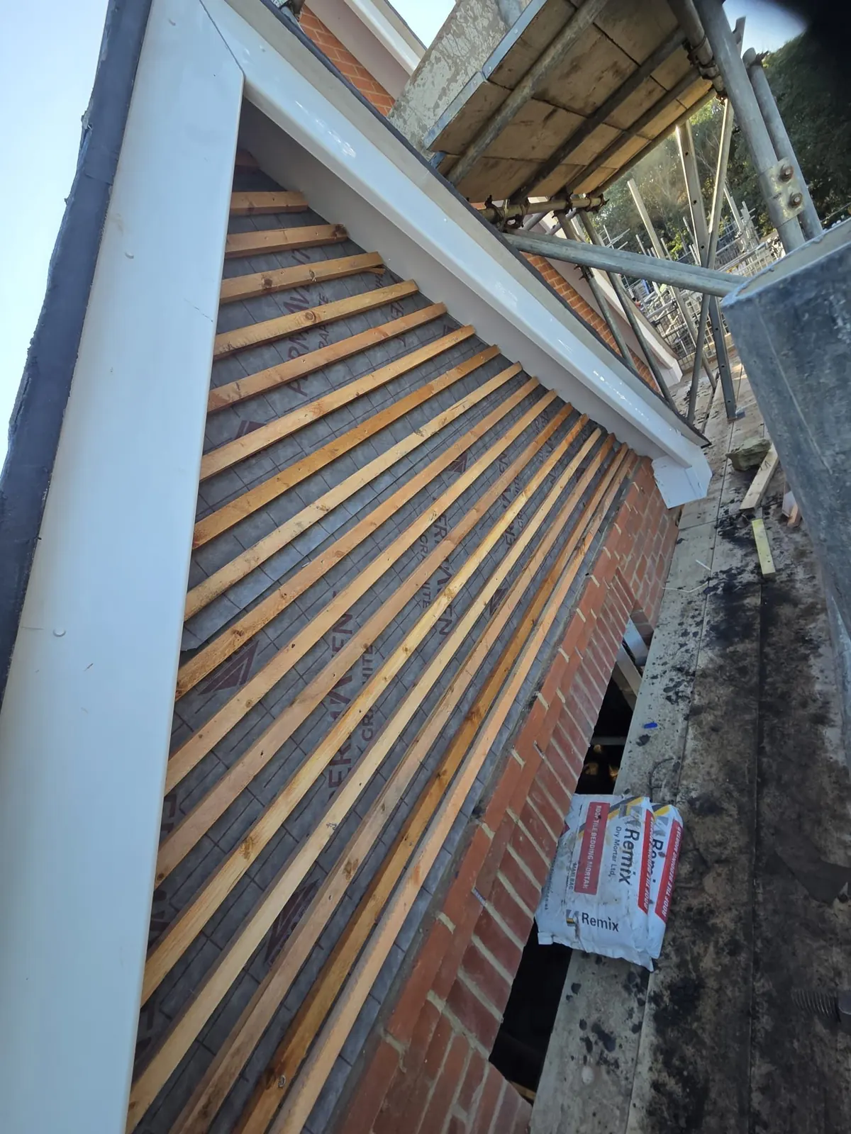 Roof felt and battens prepared on a gable in Berkshire